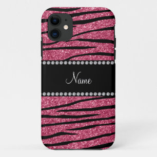 Personalise name pink glitter zebra stripes iPhone 11 case