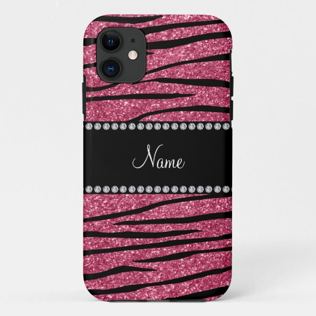 Personalise name pink glitter zebra stripes Case-Mate iPhone case (Back)