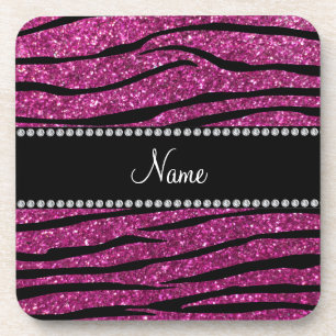 Personalise name pink glitter zebra stripes coaster