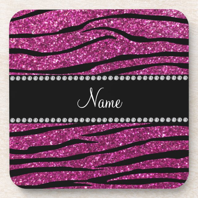 Personalise name pink glitter zebra stripes coaster (Front)