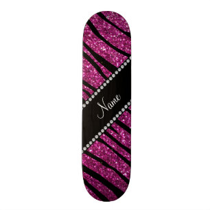 Personalise name pink glitter zebra stripes skateboard