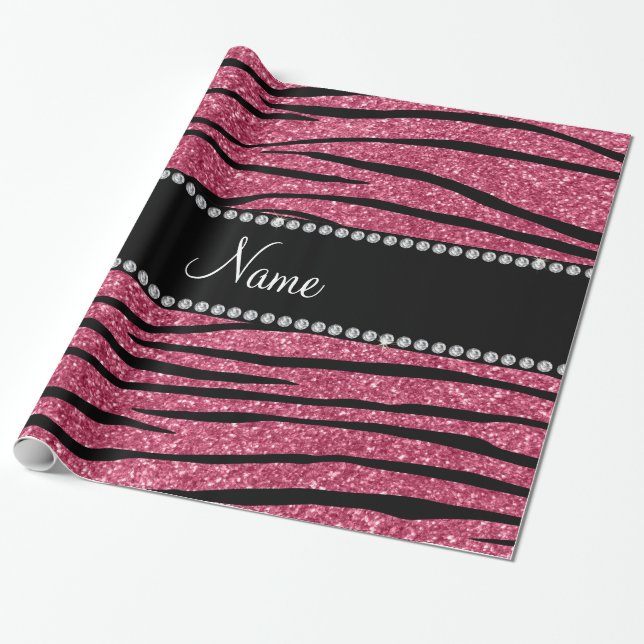 Personalise name pink glitter zebra stripes wrapping paper (Unrolled)