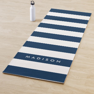 Personalise Name Preppy Navy Blue & White Stripes Yoga Mat