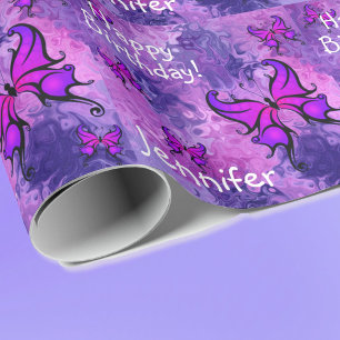 Personalise Name Purple Butterfly Roll of Birthday Wrapping Paper