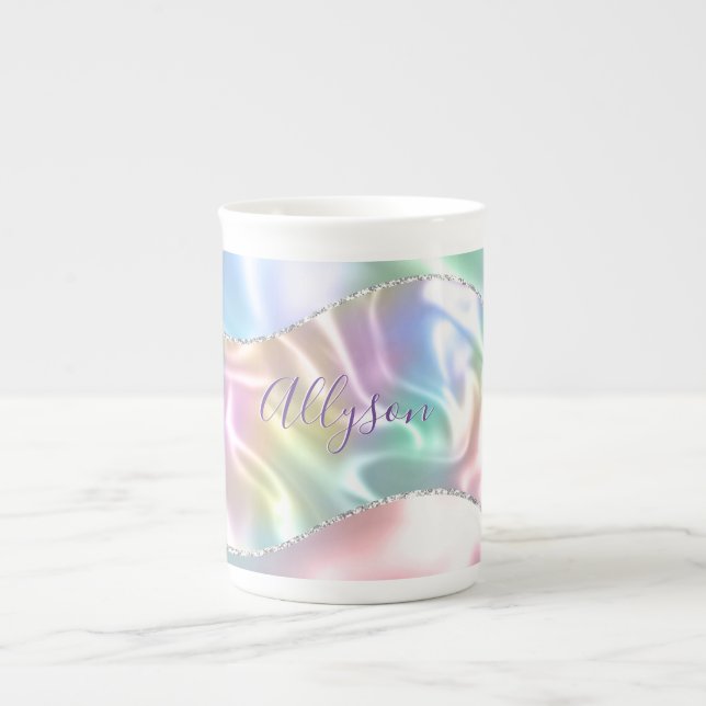 Personalise Name Purple Script, Iridescent Wave Bone China Mug (Front)