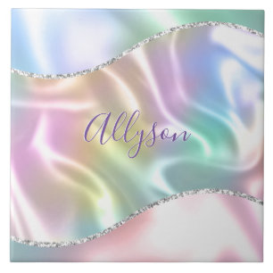 Personalise Name Purple Script, Iridescent Wave Ceramic Tile
