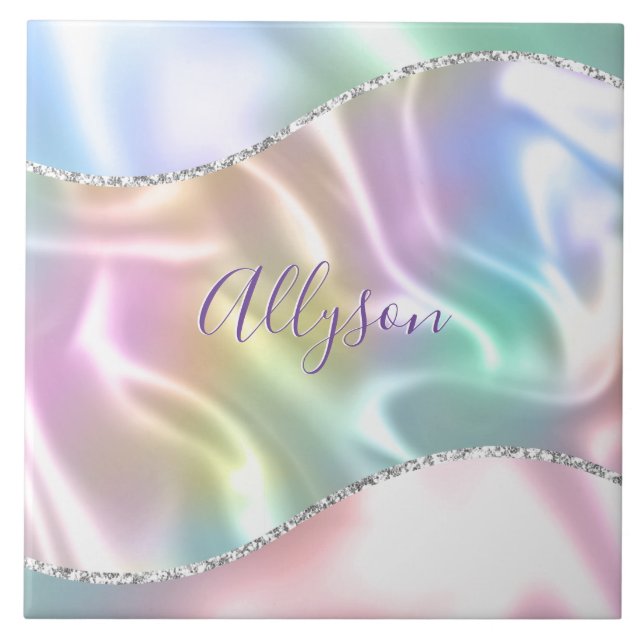 Personalise Name Purple Script, Iridescent Wave Ceramic Tile (Front)