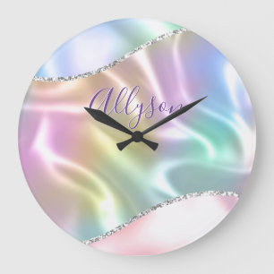 Personalise Name Purple Script, Iridescent Wave Large Clock