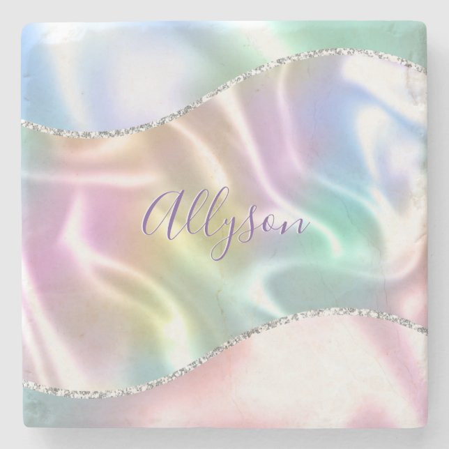 Personalise Name Purple Script, Iridescent Wave Stone Coaster (Front)
