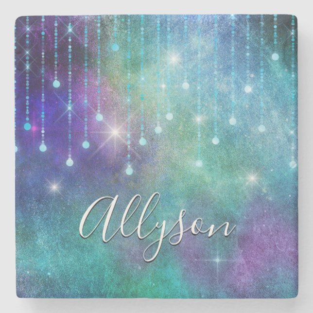 Personalise Name, Purple & Teal, Lights & Sparkle Stone Coaster (Front)