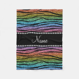 Personalise name rainbow glitter zebra stripes fleece blanket