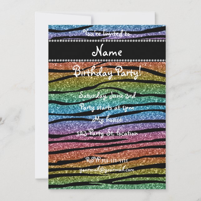 Personalise name rainbow glitter zebra stripes invitation (Front)