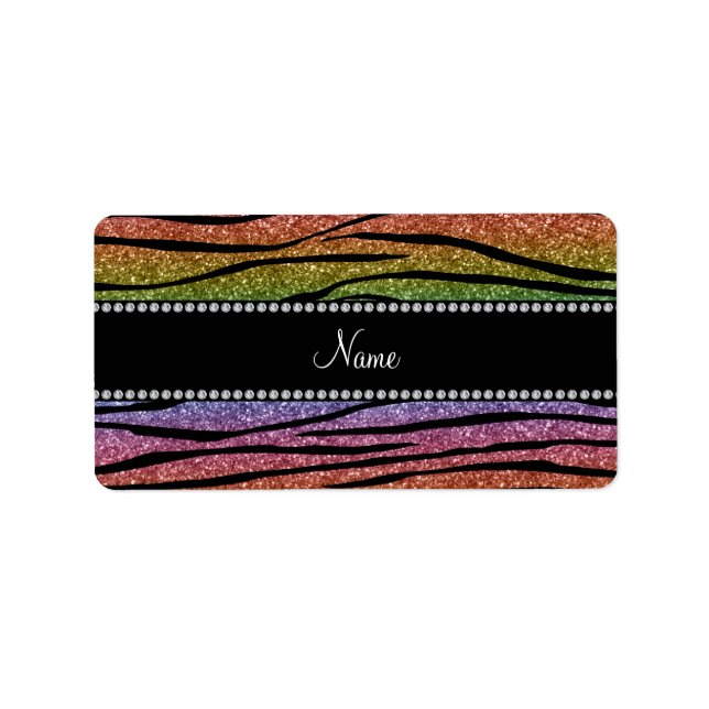 Personalise name rainbow glitter zebra stripes label (Front)
