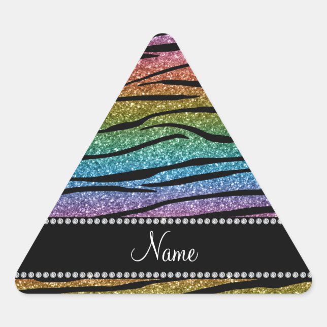 Personalise name rainbow glitter zebra stripes triangle sticker (Front)