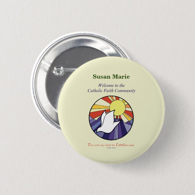 Personalise Name, RCIA Dove Circle on Yellow 6 Cm Round Badge (Front & Back)