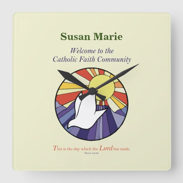 Personalise Name, RCIA Dove Circle on Yellow Square Wall Clock (Front)