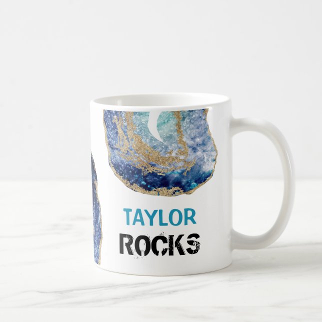 *~* Personalise NAME ROCKS Navy Blue Glitter Coffee Mug (Right)