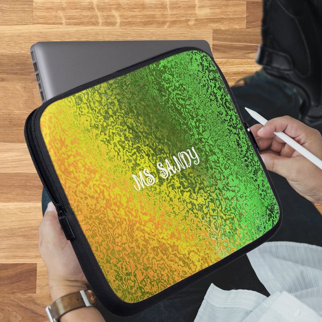 Personalise Name Shiny Shades of Green & Yellow Laptop Sleeve (Personalize Name Shiny Shades of Green & Yellow Laptop Sleeve)