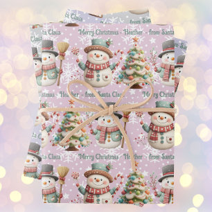 Personalise  Name Snowman Pastel Colours Christmas Wrapping Paper Sheet