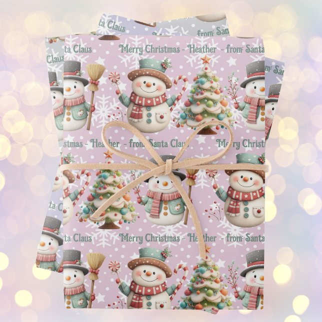 Personalise  Name Snowman Pastel Colours Christmas Wrapping Paper Sheet (Creator Uploaded)
