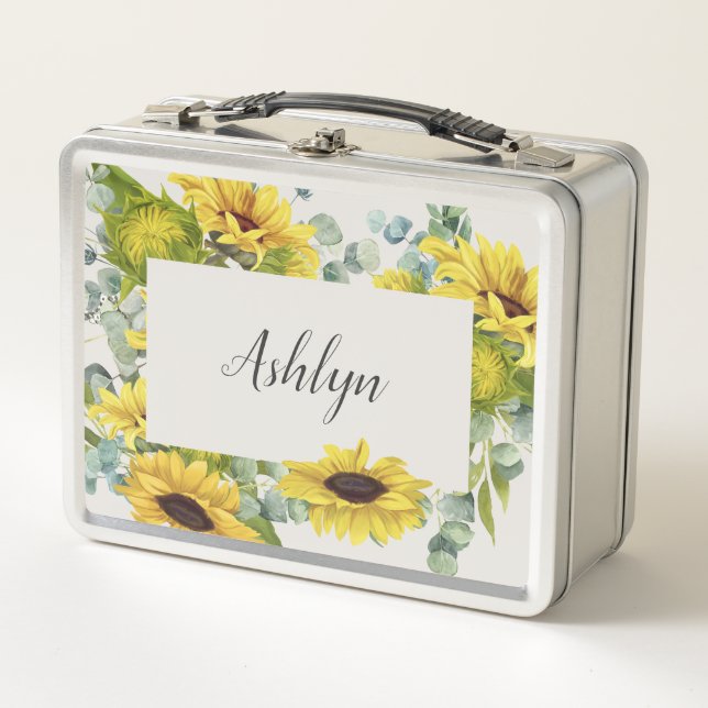 Personalise Name Sunflower Script Font Metal Lunch Box (Front)