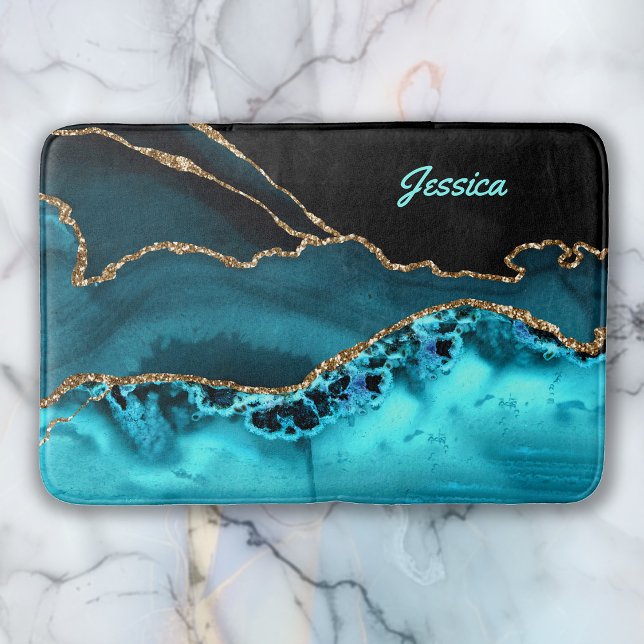 Personalise Name Teal Script on Black/Teal Agate Bath Mat (Creator Uploaded)