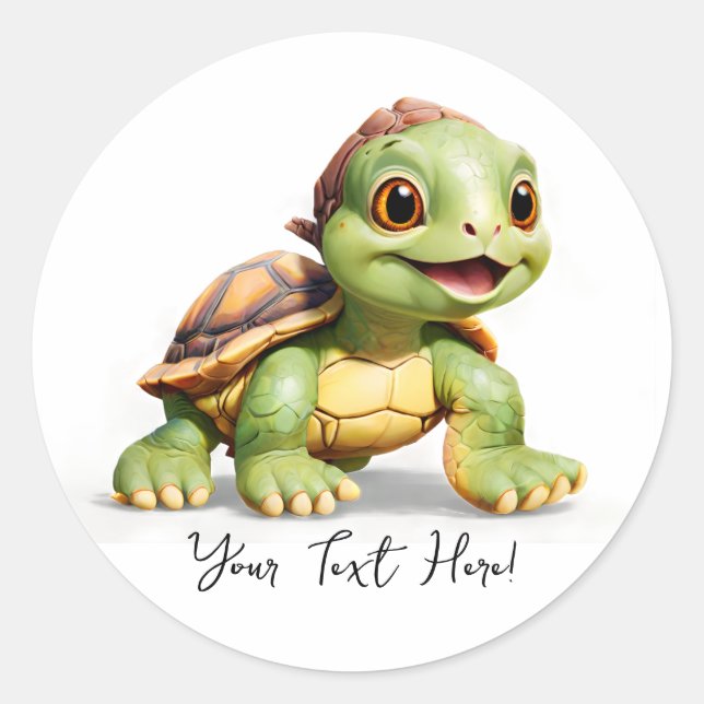 Personalise Name Text Cute Turtle Cartoon Classic Round Sticker (Front)