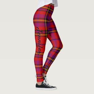 Personalise Name Text Red Tartan Plaid Leggings