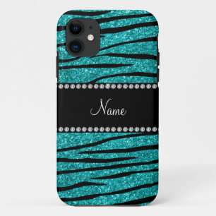 Personalise name turquoise glitter zebra stripes iPhone 11 case