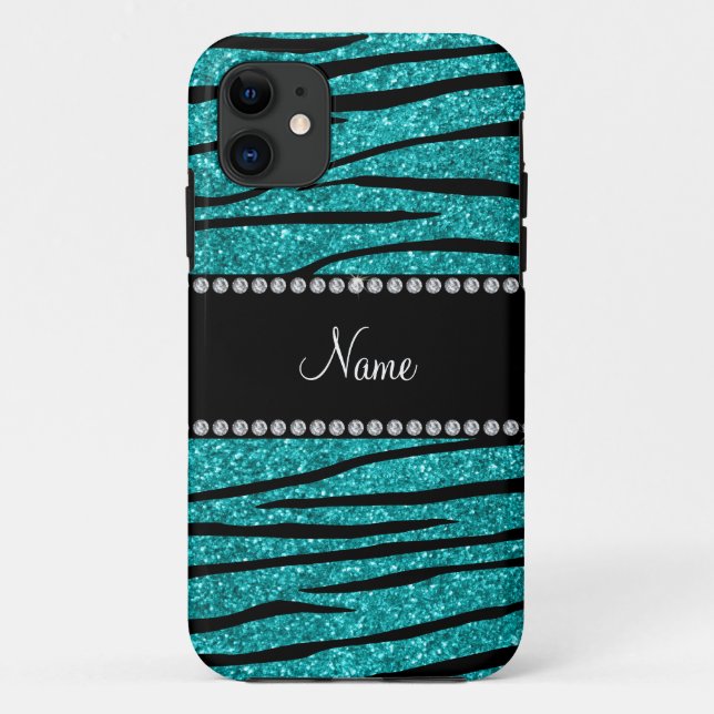 Personalise name turquoise glitter zebra stripes Case-Mate iPhone case (Back)