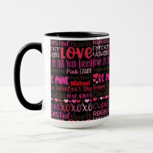 Personalise Name Valentines Day Red Hearts Black Mug