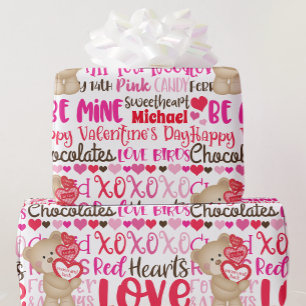 Personalise Name Valentines Day Teddy Bear Hearts Wrapping Paper