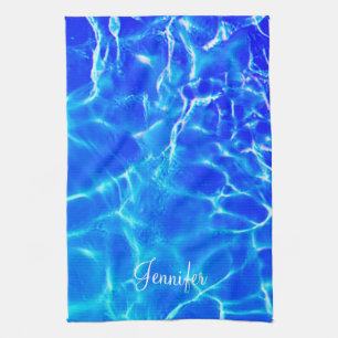 Personalise Name, White Script, Blue Pool Water Tea Towel