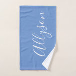 Personalise Name White Script Vertical, Blue Hand Towel<br><div class="desc">Personalise your Name vertically In white Script Text on Blue background. Click “Edit Using Design Tool” to change colours and type styles.</div>