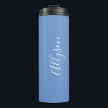Personalise Name White Script Vertical, Blue Thermal Tumbler<br><div class="desc">Personalise your Name vertically In white Script Text on Blue background. Click “Customise” to change colours and type styles.</div>