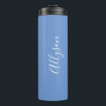 Personalise Name White Script Vertical, Blue Thermal Tumbler<br><div class="desc">Personalise your Name vertically In white Script Text on Blue background. Click “Customise” to change colours and type styles.</div>