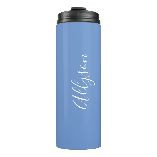 Personalise Name White Script Vertical, Blue Thermal Tumbler (Front)