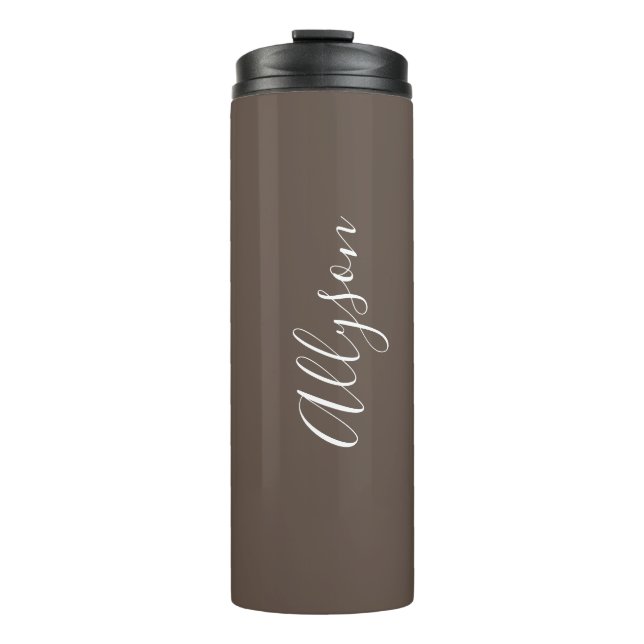 Personalise Name White Script Vertical, Chocolate Thermal Tumbler (Front)