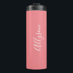 Personalise Name White Script Vertical Coral Thermal Tumbler<br><div class="desc">Personalise your Name vertically In white Script Text on Coral background. Click “Customise” to change colours and type styles.</div>