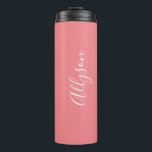 Personalise Name White Script Vertical Coral Thermal Tumbler<br><div class="desc">Personalise your Name vertically In white Script Text on Coral background. Click “Customise” to change colours and type styles.</div>