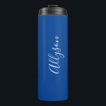 Personalise Name White Script Vertical, Deep Blue Thermal Tumbler<br><div class="desc">Personalise your Name vertically In white Script Text on Deep Blue background. Click “Edit Using Design Tool” to change colours and type styles.</div>