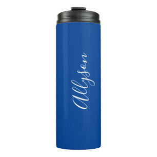 Personalise Name White Script Vertical, Deep Blue Thermal Tumbler