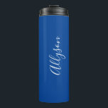Personalise Name White Script Vertical, Deep Blue Thermal Tumbler<br><div class="desc">Personalise your Name vertically In white Script Text on Deep Blue background. Click “Customise” to change colours and type styles.</div>