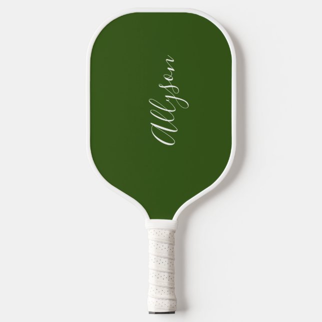 Personalise Name White Script Vertical ForestGreen Pickleball Paddle (Front)