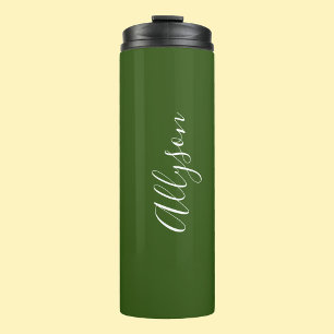 Personalise Name White Script Vertical ForestGreen Thermal Tumbler