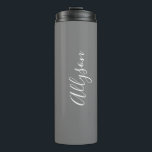 Personalise Name White Script Vertical, Grey Thermal Tumbler<br><div class="desc">Personalise your Name vertically In white Script Text on Grey background. Click “Customise” to change colours and type styles.</div>