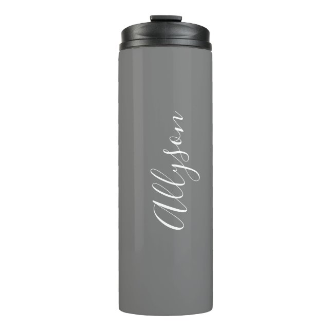 Personalise Name White Script Vertical, Grey Thermal Tumbler (Front)