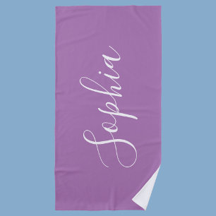 Personalise Name White Script Vertical, Lavender Beach Towel