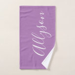 Personalise Name White Script Vertical, Lavender Hand Towel<br><div class="desc">Personalise your Name vertically In white Script Text on Lavender background. Click “Edit Using Design Tool” to change colours and type styles.</div>