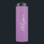 Personalise Name White Script Vertical, Lavender Thermal Tumbler<br><div class="desc">Personalise your Name vertically In white Script Text on Lavender background. Click “Customise” to change colours and type styles.</div>
